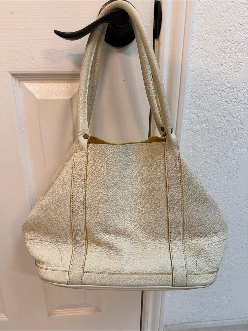 J. Crew Borge Garveri collection Cream Pebbled Leather Tote with Yellow Trim